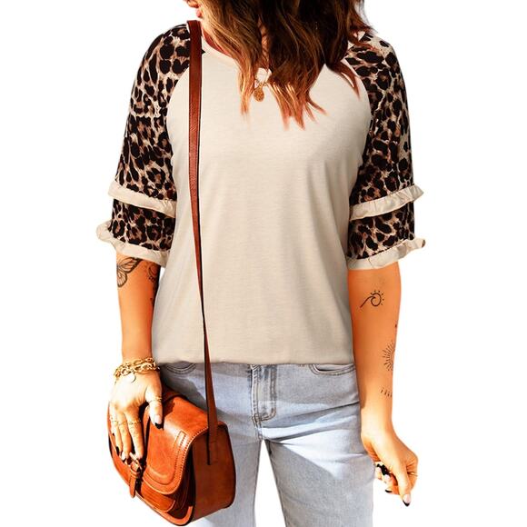 Tan Ruffled Leopard Sleeve Patchwork Top New S, M, L - Picture 1 of 9